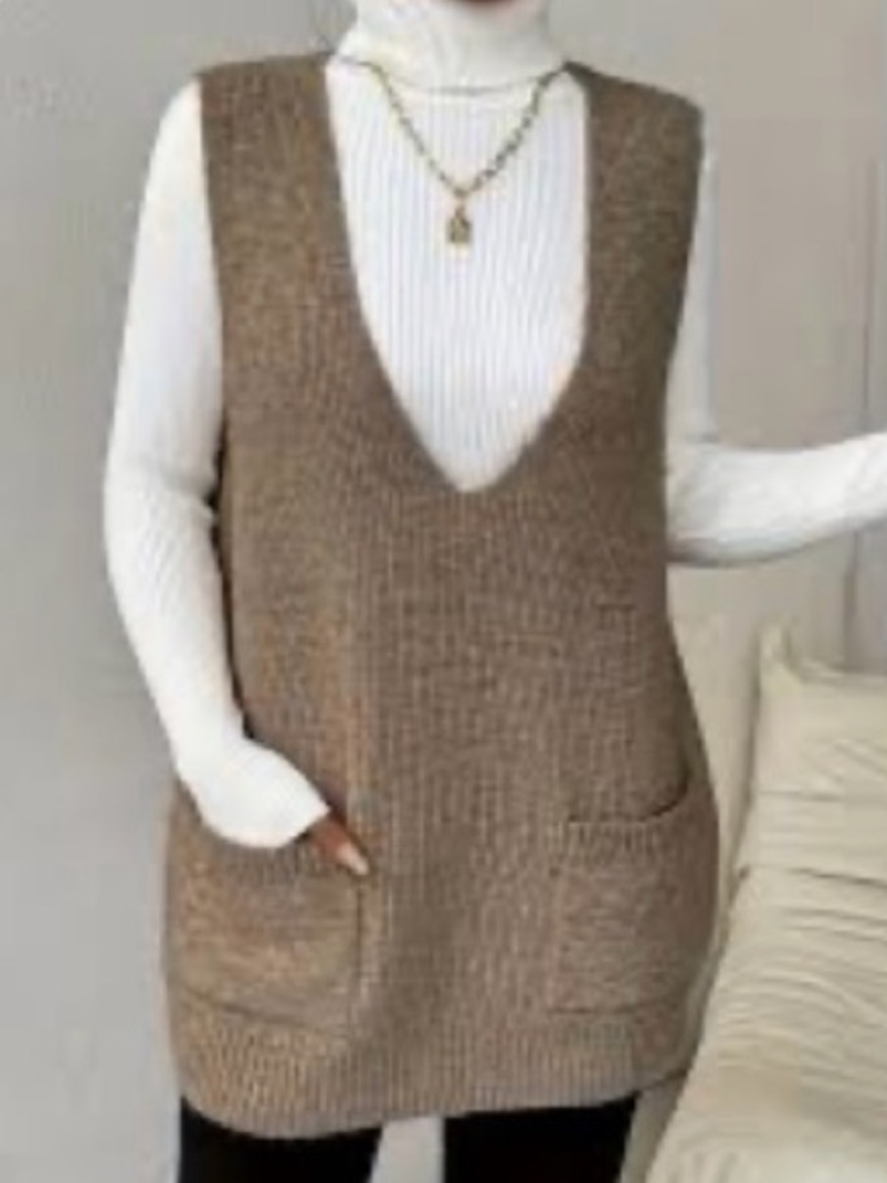 SHEIN Taupe Ribbed Knit Vest with Front Pockets